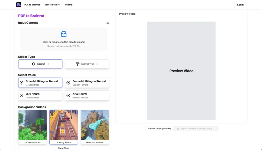 Brainrot AI - Create Brainrot video in Minutes. Turn boring content into attention-grabbing TikTok