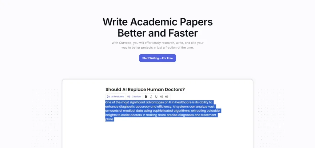 Curvedo - Curvedo is an advanced AI-powered writing assistant specifically designed for academic purposes. It streamlines the research