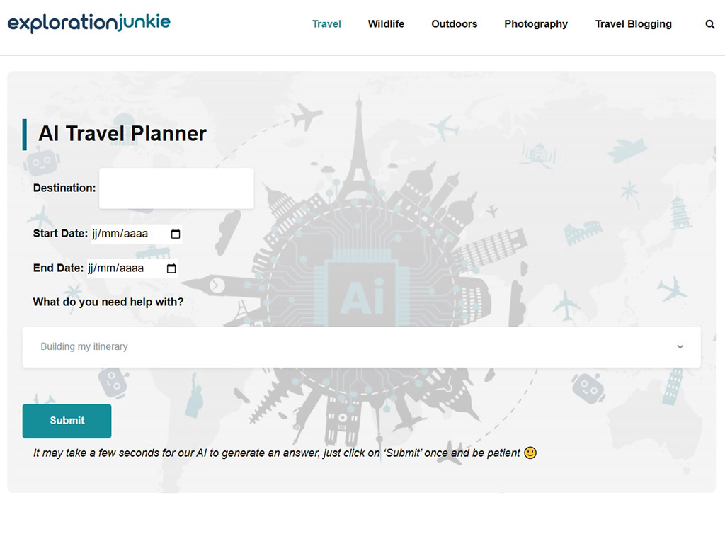 Exploration Junkie’s AI Travel Planner - Exploration Junkie's AI Travel Planner is a cutting-edge travel assistant designed to simplify trip planning. With just a few details—such as destination and dates—our AI generates personalized itineraries