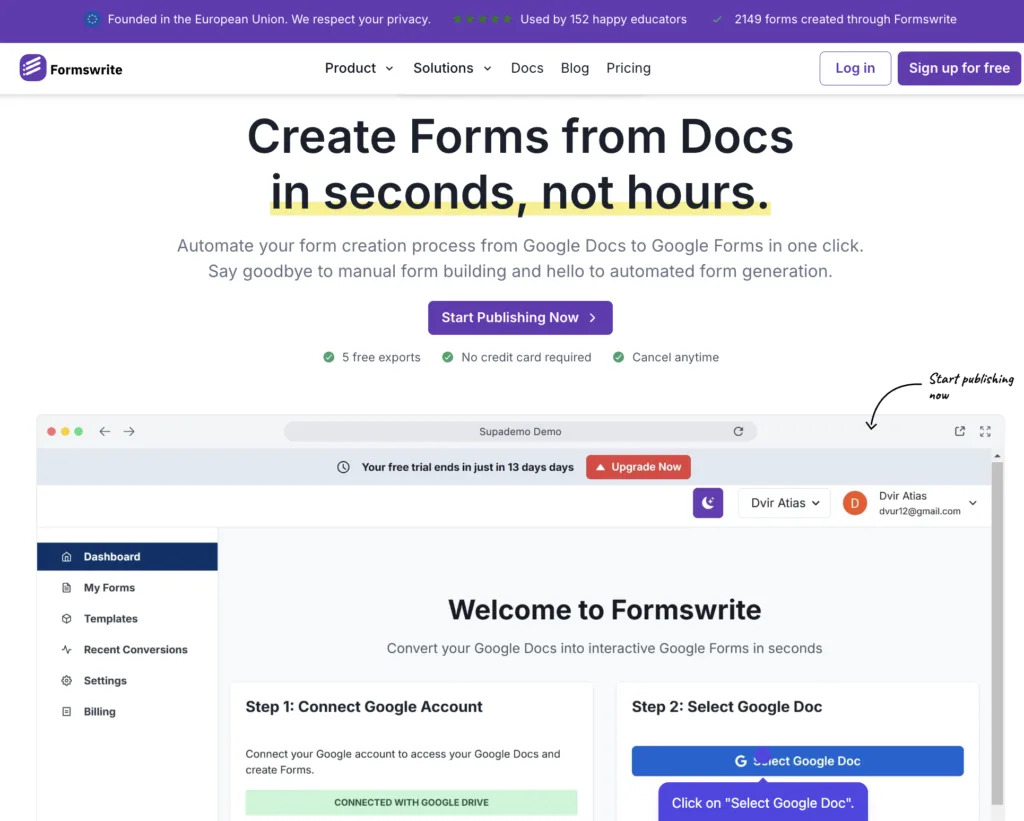 Formswrite - Formswrite is a productivity tool that helps educators and trainers convert their Google Docs into interactive Google Forms with just one-click.