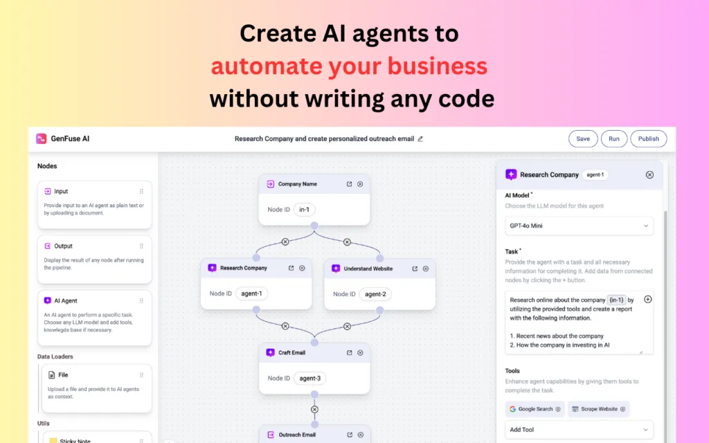 GenFuse AI - Create multi-agent workflows to automate your tasks. No technical skills required. With GenFuse AI
