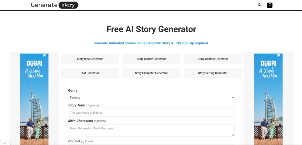 Generate Story - Generatestory.io is an AI-powered story generator platform with multiple genres to choose from