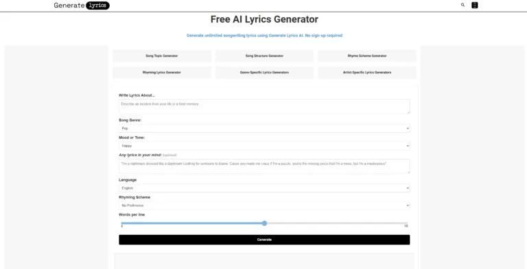 GenerateLyrics - Generatelyrics.io is a free AI lyrics generator platform with over 30 music genres to choose from. Each generator has multiple tones