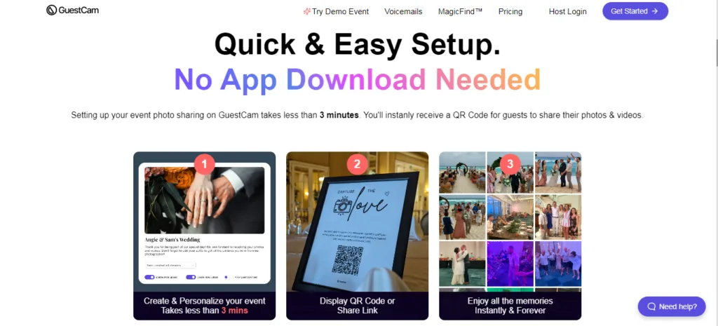 GuestCam - GuestCam is an event photo-sharing platform that simplifies the process of collecting and sharing photos and videos from guests. By generating a unique QR code for your event