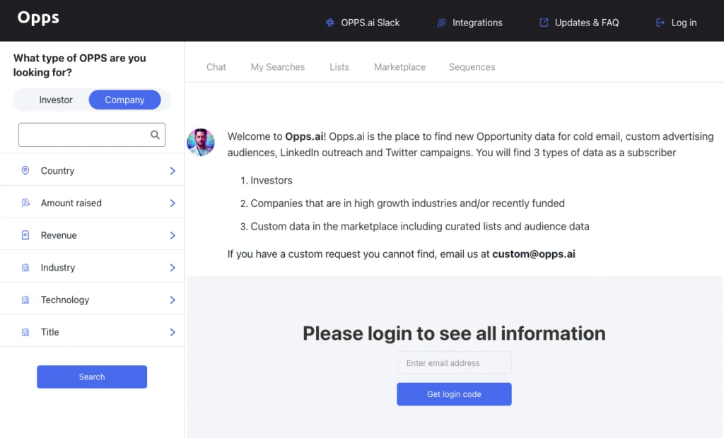 Opps - Opps and its A.I. agent "Valet" automates the research and setup of B2B outreach campaigns on email using generative chat requests. Valet finds data on your Ideal Customer or Investor from 174M records