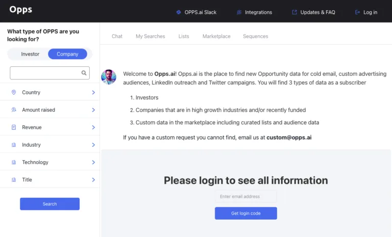 Opps - Opps and its A.I. agent "Valet" automates the research and setup of B2B outreach campaigns on email using generative chat requests. Valet finds data on your Ideal Customer or Investor from 174M records