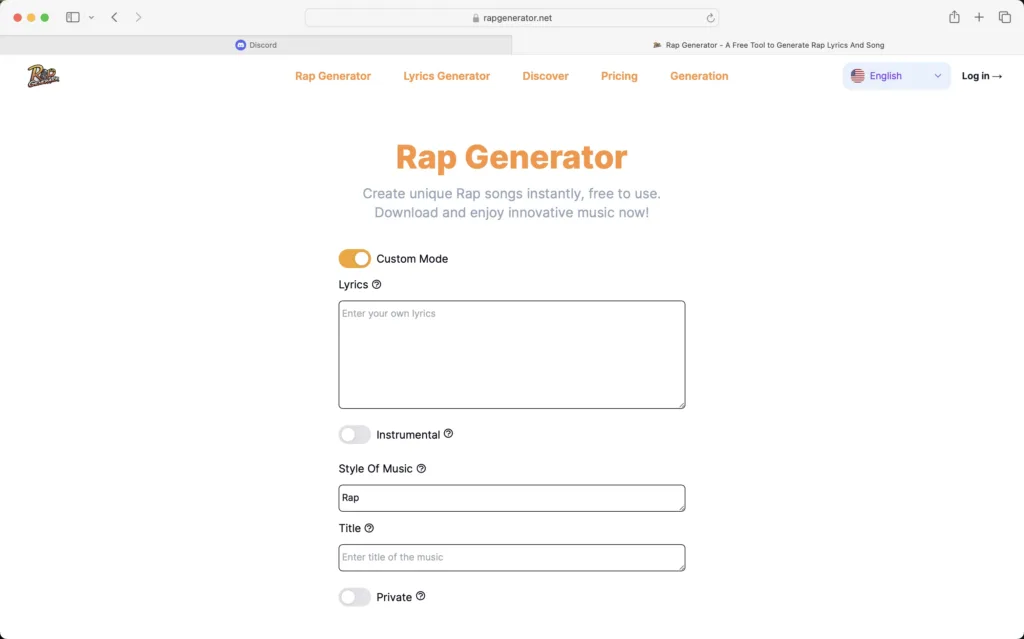 Rap Generator - A free AI tool that generates rap lyrics and songs.