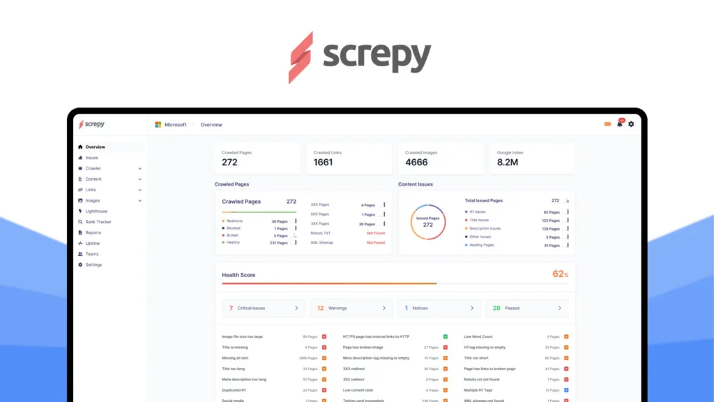 Screpy - Plus Exclusive - Analyze and monitor your website in one dashboard with an AI-based SEO and web analysis tool
