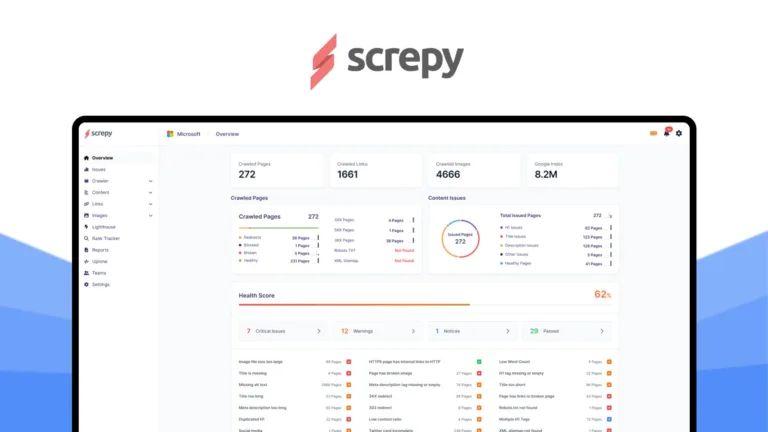 Screpy - Plus Exclusive - Analyze and monitor your website in one dashboard with an AI-based SEO and web analysis tool