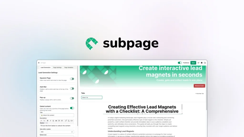 Subpage - The simplest way to create lead magnets