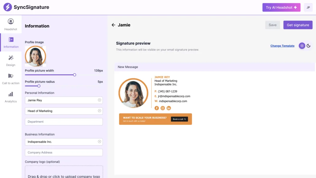 SyncSignature - SyncSignature offers you the easiest way to create professional email signatures quickly. It also has a tool to edit your profile picture
