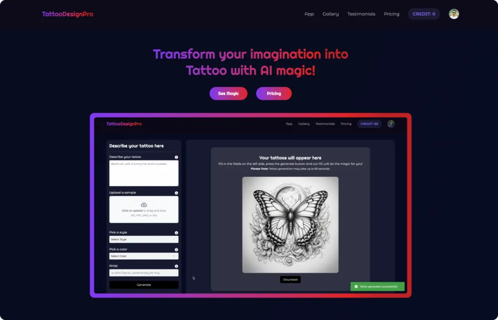 TattooDesignPro - TattooDesignPro transform your imagination into stunning Tattoo in various styles using AI Magic!