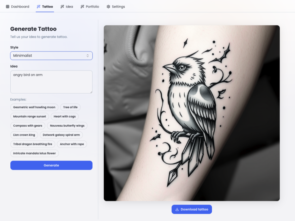TattooEase - TattooEase is an AI Tattoo Generator that allows you create custom tattoo designs in seconds. Get unique ideas and generate tattoos