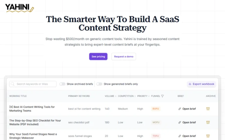Yahini - Yahini is a content strategy tool that eliminates hours of content planning by automatically generating funnel-mapped keywords and crafting detailed content briefs based on proven expert frameworks