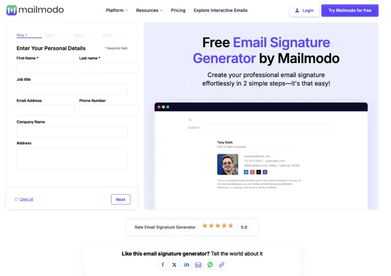 Free Email Signature Generator by Mailmodo - Create your professional email signature effortlessly in 2 simple steps—it's that easy!