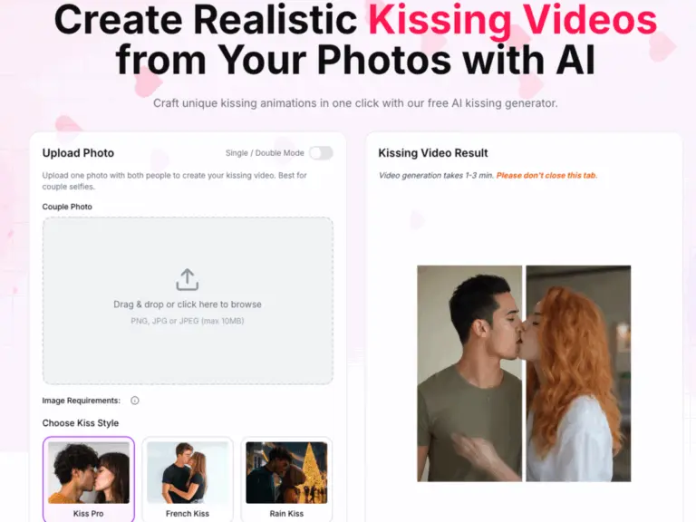 KissingAI - KissingAI is an AI-powered kissing video generator platform designed for creators and personal users. It transforms ordinary photos into realistic kissing animation videos