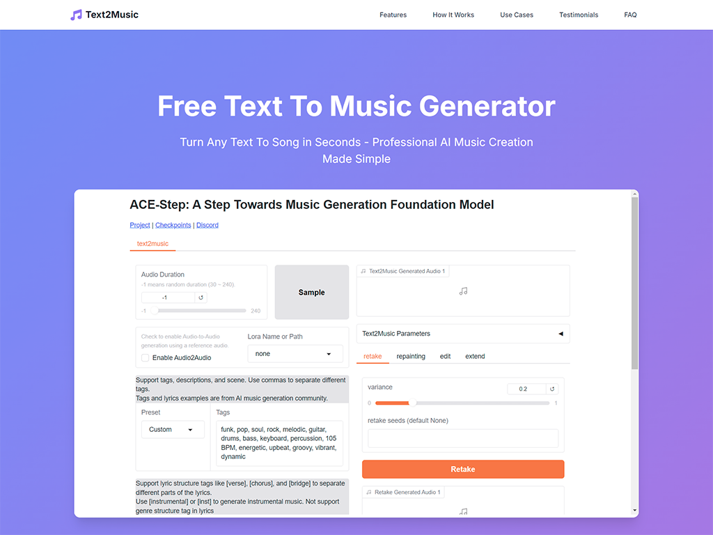 Text2Music - Professional AI music creation platform that generates high-quality musical compositions from text descriptions. Features multilingual support
