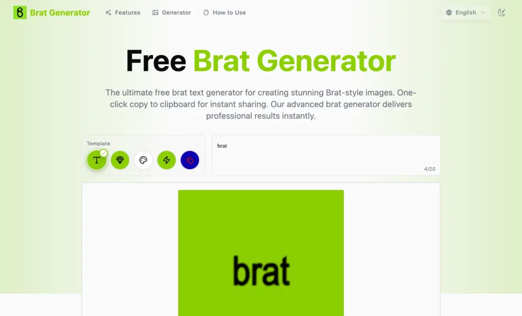 Brat Generator tool - Brat Generator - Free Charli XCX Style Text to Image Tool. Create stunning Brat-style images with our free generator. 5 authentic templates