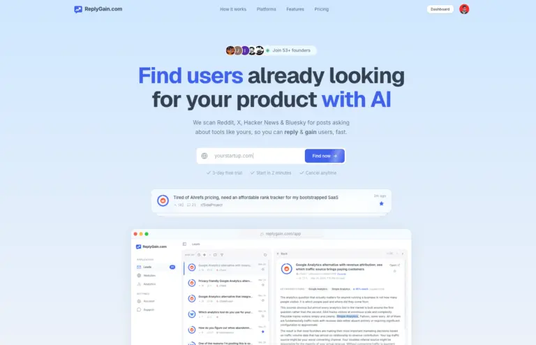 ReplyGain - ReplyGain is an AI SaaS platform designed for founders and marketers to identify warm leads in real-time by monitoring discussions on Reddit