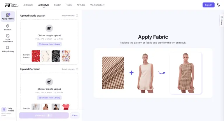 Fashion Diffusion AI - The all-in-one AI fashion design platform built to power the next generation of professional apparel creation and e-commerce efficiency.