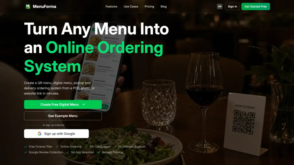 MenuForma – QR Menu & Online Ordering - MenuForma is an AI-powered restaurant platform that turn any menu into a QR ordering system with multilingual support and Google review collection