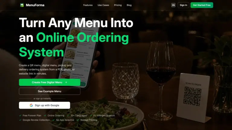 MenuForma – QR Menu & Online Ordering - MenuForma is an AI-powered restaurant platform that turn any menu into a QR ordering system with multilingual support and Google review collection