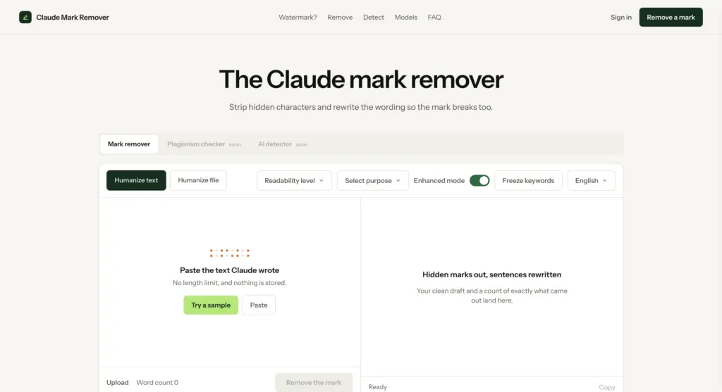 Claude Mark Remover - Claude Mark Remover is a free browser-based writing tool that strips hidden Unicode characters and rewrites Claude-generated text to sound more natural while preserving meaning