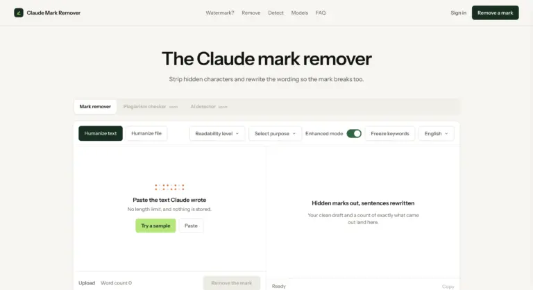 Claude Mark Remover - Claude Mark Remover is a free browser-based writing tool that strips hidden Unicode characters and rewrites Claude-generated text to sound more natural while preserving meaning