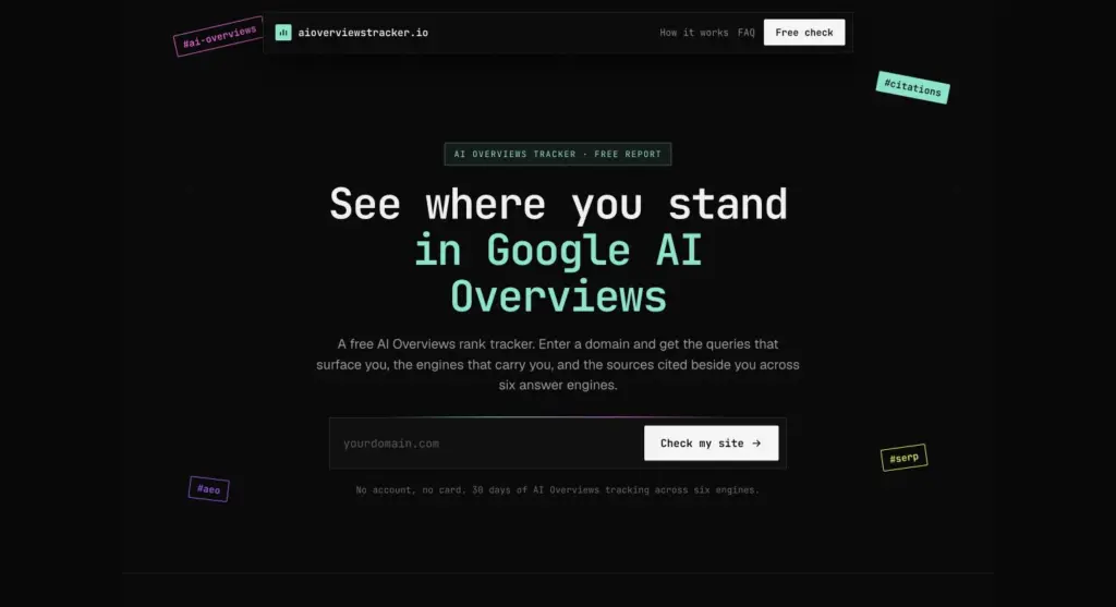 AI Overviews Tracker - AI Overviews Tracker shows where your domain is mentioned and cited across six AI answer engines