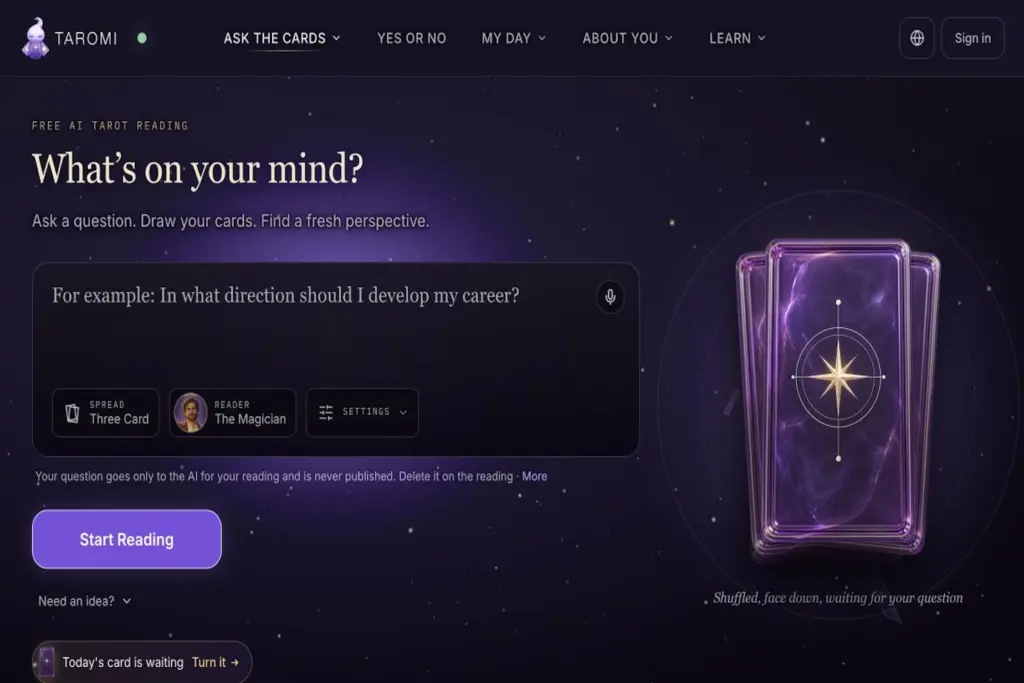 Taromi - Get personalized AI tarot readings by asking questions and drawing your own cards. Explore relationships